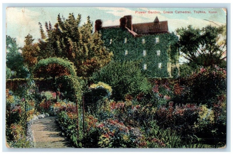 1914 Flower Garden Grace Cathedral Chapel Topeka Kansas Vintage Antique Postcard