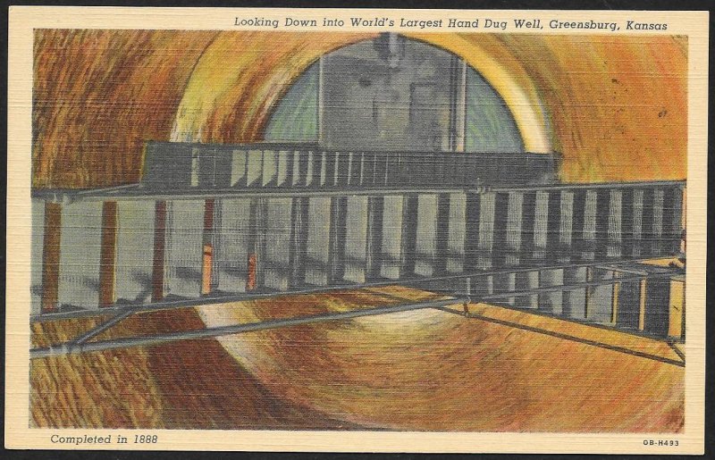 Looking Down Into Worlds Largest Hand Dug Well Greensburg Kansas Unused c1940