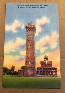 UNPOSTED LINEN PC - WM PENN MEMORIAL FIRE TOWER & TOWER HOTEL, READING, PA.