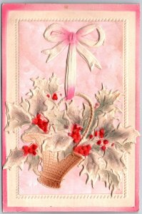 Pretty Embossed Christmas Greeting, Basket with Holly and Ribbon, Postcard