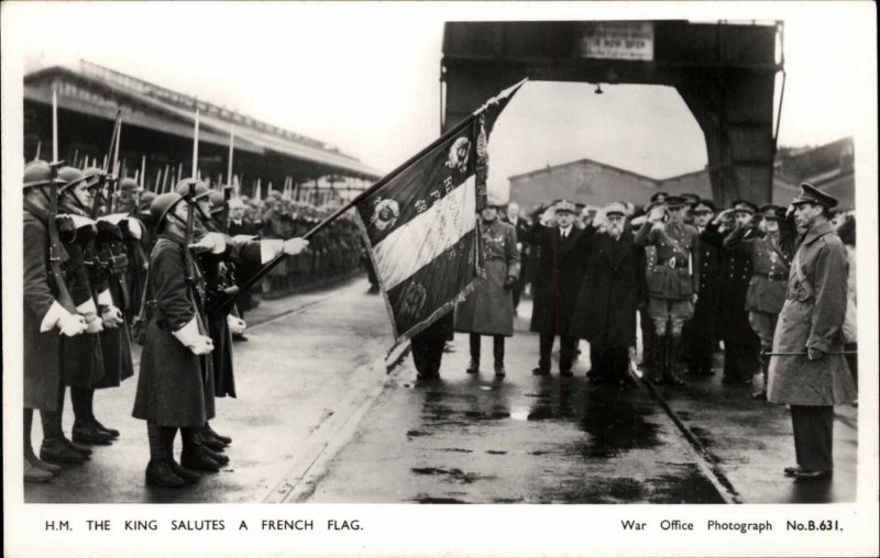 Vintage RPPC WWII KING GEORGE VI Salutes French Flag Real Photo Postcard