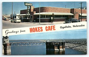 1950s OGALLALA NEBRASKA HOKES CAFE 50s AUTOS NEON LAKE McCONAUGHY POSTCARD P2949