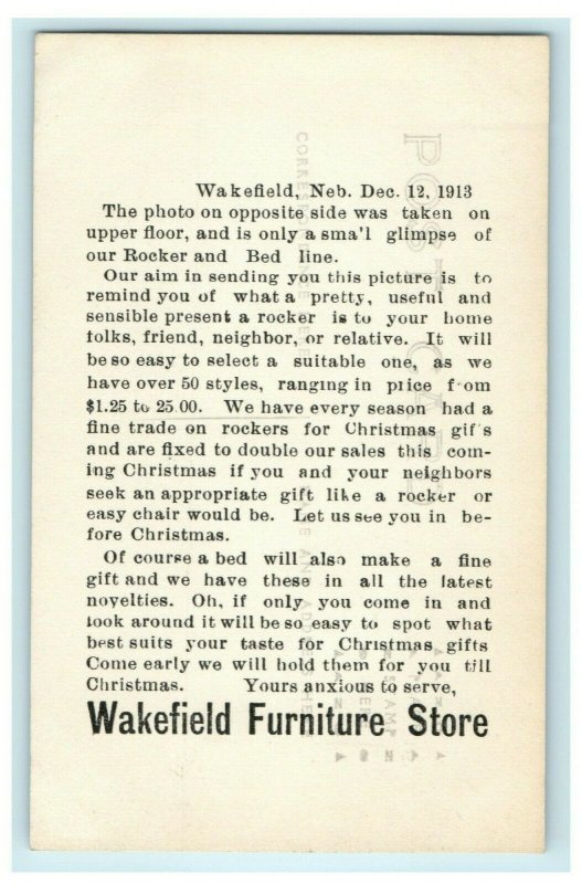 Wakefield Furniture Co. Nebraska Advertising Chairs RPPC 1913 Antique Postcard 