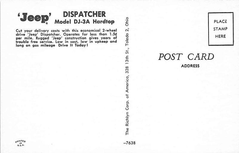 Toledo OH Jeep Dispatcher Model DJ-3A Hardtop Advertising Postcard