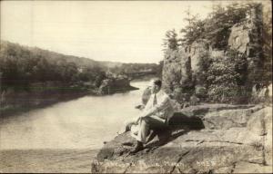 Man on Rocks at Taylors Falls MN c1930 Real Photo Postcard