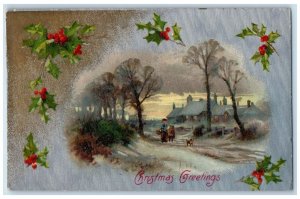 1911 Christmas Greetings Mother Daughter Dog Holly Winsch Back Embossed Postcard