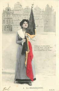 UDB Hand-Colored Postcard 4. La Brabançonne Belgium Nat'l Anthem Lady & Flag