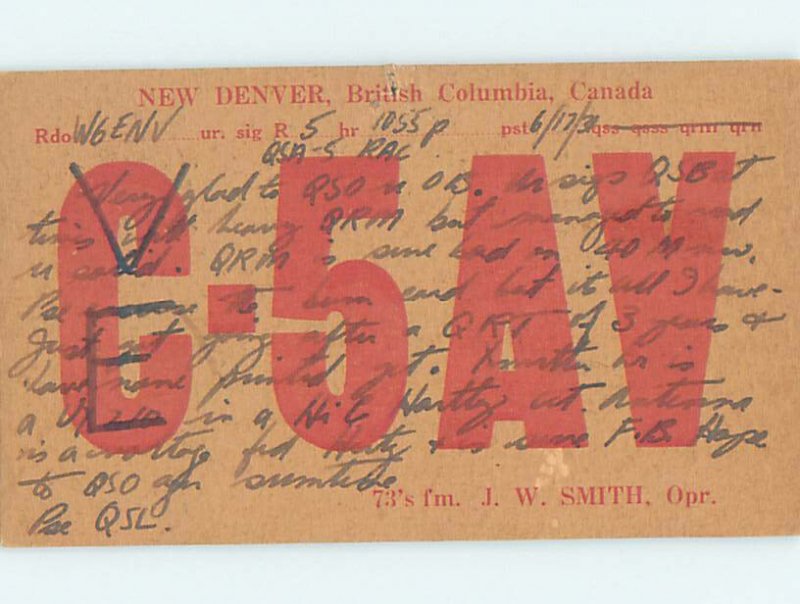 1930s QSL RADIO CARD New Denver - Near Nelson British Columbia BC AH3227