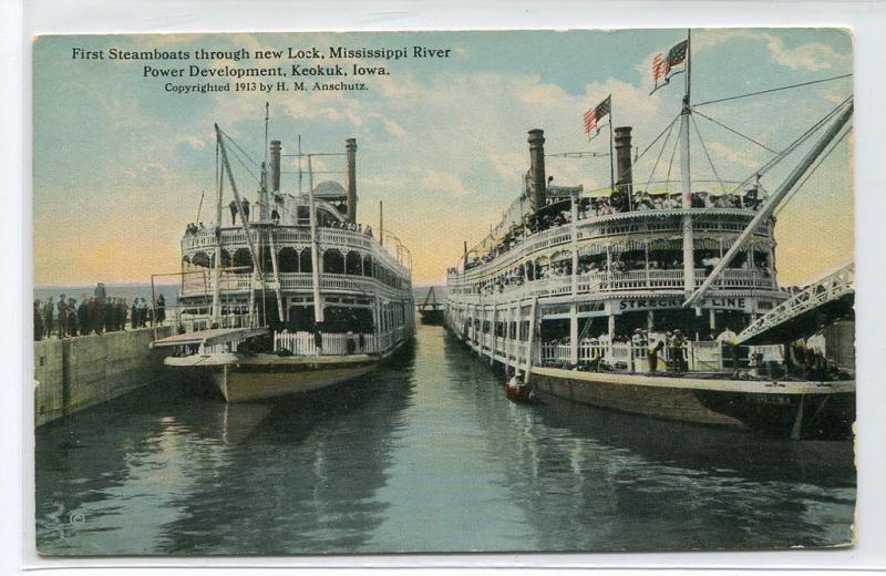 Steamers Through New Lock Mississippi River Keokuk Iowa 1910c postcard