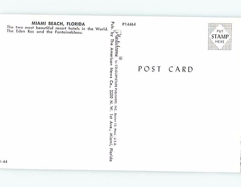 Unused Pre-1980 EDEN ROC & FONTAINEBLEAU HOTEL Miami Beach Florida FL B0156