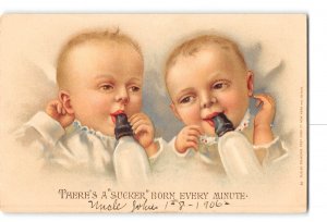 Babies Sucking Bottles Embossed Postcard 1907-15 Theres A Sucker Born Every Min