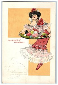 c1910's Easter Czech Pretty Woman Holding Eggs Posted Antique Postcard