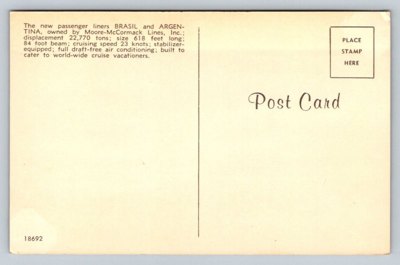 Cruise Ships  Brasil & Argentina  Moore-McCormack Lines  Postcard