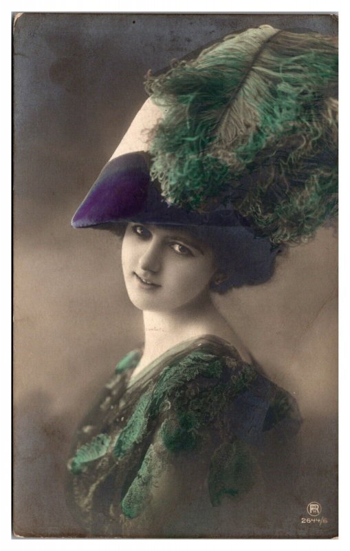 1911 Hand Tinted RPPC Featuring a Pretty Lady with Green Feathered Hat - Belgium