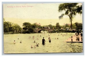Vintage 1909 Colorized Photo Postcard Bathing Lake Union Park Chicago Illinois