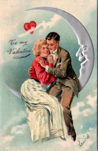 Valentine PC Man Woman Lovers Couple Sitting on Silver Crescent Moon in Clouds