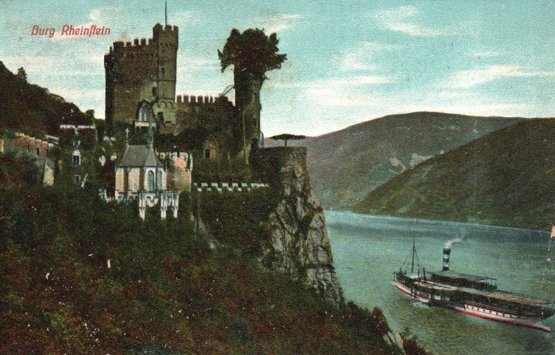 Vintage Postcard Castle River Cruise Ship Burg Rheinstein  Germany