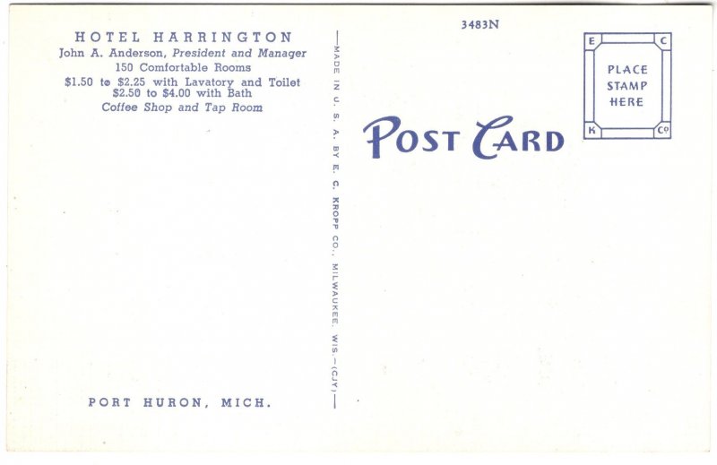 Harrington Hotel Port Huron, Michigan, John A Anderson Manager