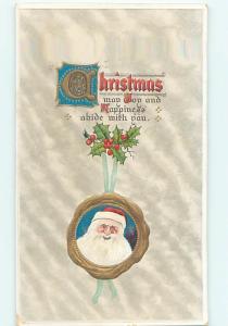 Pre-Linen christmas SANTA CLAUS HANGING FROM HOLLY WITH BLUE RIBBON hr3175
