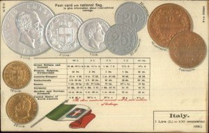 Flag & Coins Currency Money Embossed on c1910 Postcard ITALY