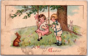 A Happy Easter Day, 1928 Greetings, Girls and Rabbits, Holiday, Vintage Postcard