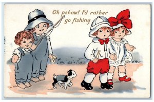 c1910's Children And Dog Fishing Reel I'd Rather To Go Fishing Antique Postcard