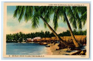 c1930's San Blas Indian Village Pine Islands R. P. Beach Boats Hut Postcard