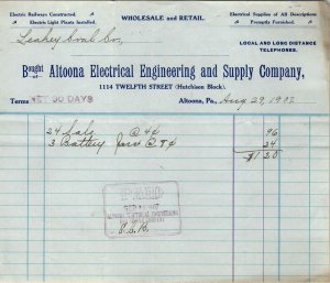 Altoona Electrical Engineering Supply Co 1907 to Leahey Coal Co Billhead BH41