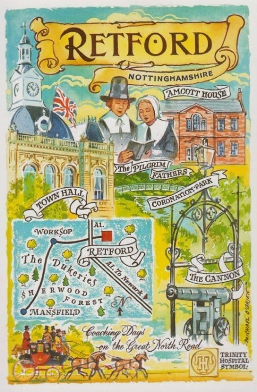 Nottingham Retford Amcott House Cannon Map Town Hall Postcard Fair Souvenir