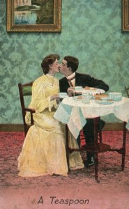Vintage Postcard 1910's A Teaspoon Woman Kissing Man at Table Love