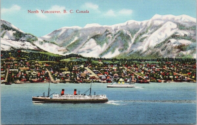 North Vancouver BC Ships North Shore Mountains Linen Postcard G91