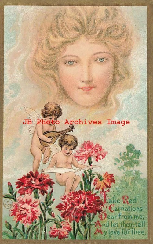 6 Fantasy Postcards, Kaplan No 57, Woman's Head in Clouds, Cupid with Flowers