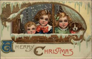 Christmas Children and Dog Look Out Window c1910 Gel Postcard