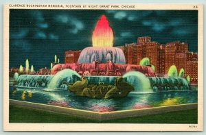 Chicago Illinois~Grant Park~Clarence Buckingham Fountain @ Night~1940s Linen 