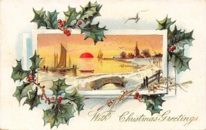 Christmas~Holly Berry Draped Over Sunset Scene~Sailboat~Snowy Bridge~Emboss~TUCK