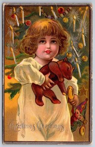 Christmas~Cute Lil Girl w/ Steiff Teddy Bear~Decorated Tree~Silver Emb~Nash~1912