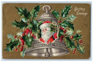 c1910's Christmas Greetings Ringing Bell Santa Holly Berries Embossed Postcard