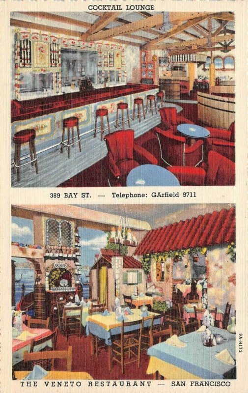 VENETO RESTAURANT San Francisco, CA Cocktail Lounge c1940s Vintage Postcard