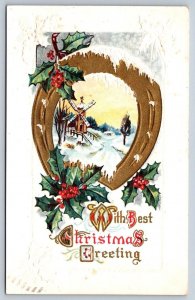 With Best Christmas Greetings, Winter Scene, Windmill, Holly, 1916 Postcard