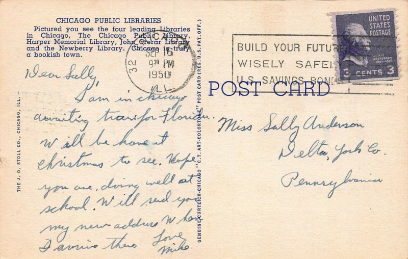Chicago Public Libraries, Chicago, Illinois, Early Linen Postcard, Used