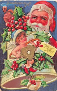 Santa Claus Smoking Pipe- Cupid Gilt Heart-Sweetheart Days-Christmas POSTCARD
