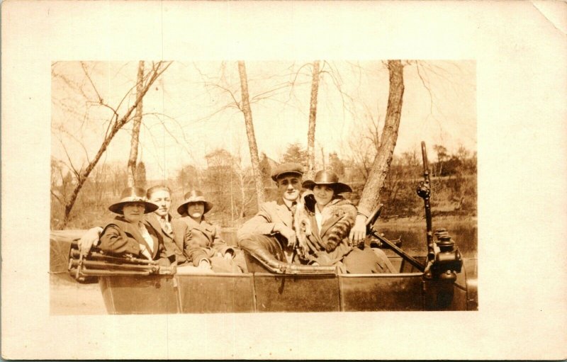 Vtg Postcard RPPC AZO Group Photo in Touring Automobile w Big Hats & Furs UNP