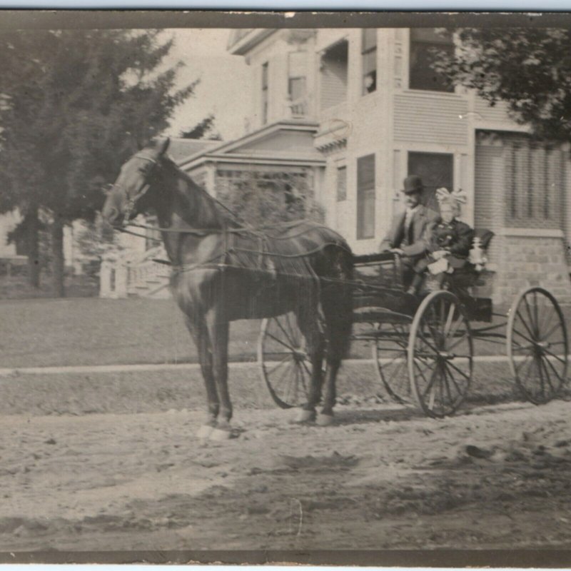 c1900s Father Daughter Horse Carriage RPPC Victorian House Real Photo Dirt A135