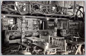 Cross Village Michigan 1940s RPPC Real Photo Postcard Legs Inn Lodge Bar Tables