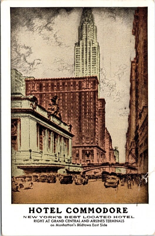 Hotel Commodore New York NY Grand Central Airlines Midtown East Side Postcard 