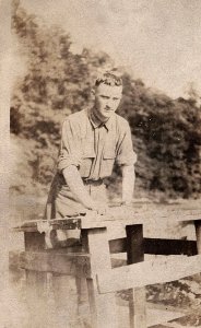 c1910 WORKING YOUNG MAN FARMER BUILDER ROLLED UP SLEEVES  RPPC POSTCARD P680