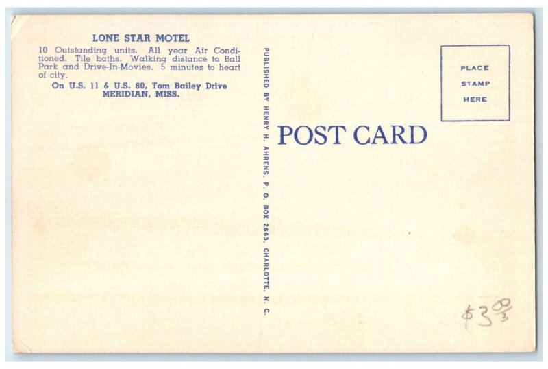 c1940 Lone Star Motel Tome Bailey Drive Meridian Mississippi MS Vintage Postcard