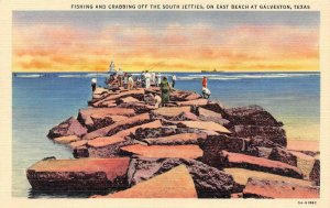 GALVESTON, TX Texas FISHING & CRABBING South Jetties~East Beach c1940's Postcard