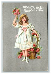 Vintage 1908 Postcard Cute Girl Nice White Dress Pink Bow Pink Flowers Silver