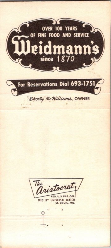 Weidmann's Restaurant Meridian Mississippi 30 Front Strike Matchbook Cover MB115